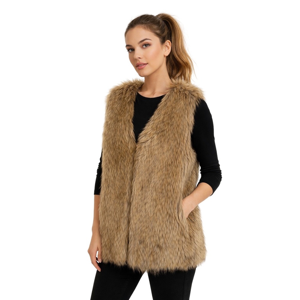 WENXI Womens Plush Faux Fur‎ Vest Brown Sleeveless Open Front, Size XXL